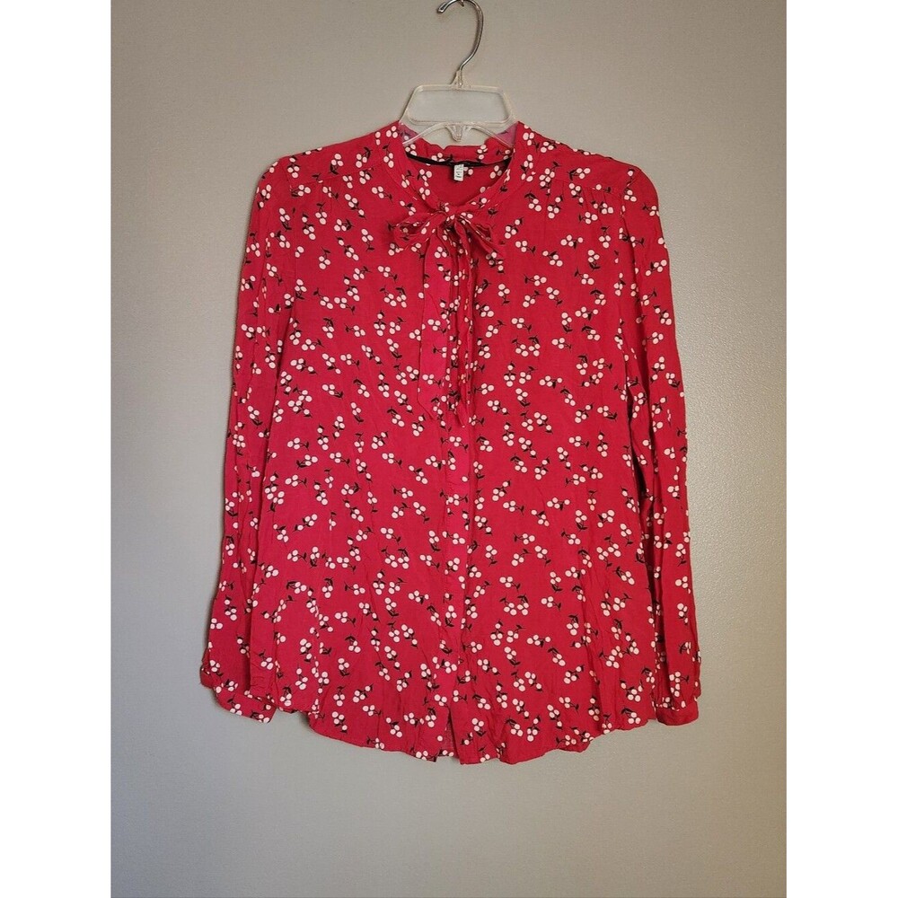 Joules Tie-Neck Red Floral Button-up Blouse Size US 10